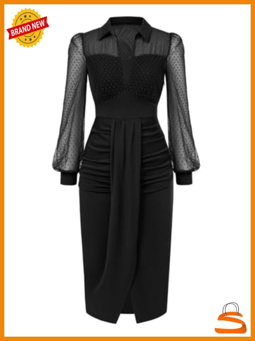 Vintage Ruched Mesh Long Sleeve Bodycon Midi Dress Work Cocktail